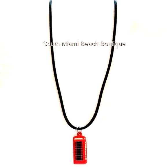 London England UK Phone Booth Box Necklace Red Charm Black Cord Enamel Britain - Picture 3 of 7